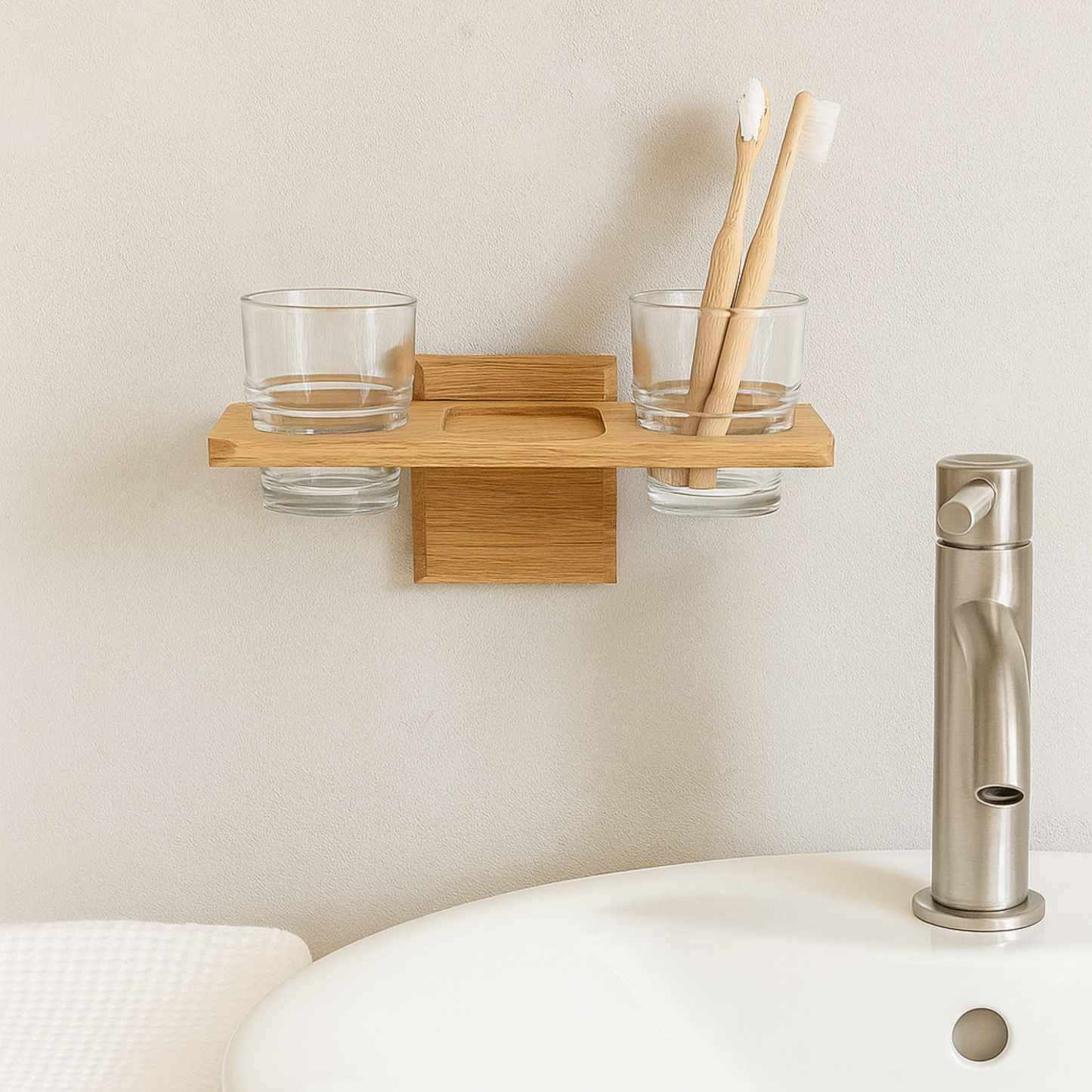 Wall mounted toothbrush holder and dental floss shelf