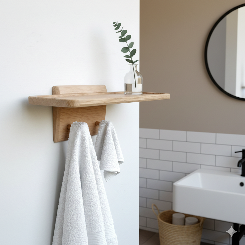 Bathroom Shelf with Shaker Style Towel Pegs in Oak