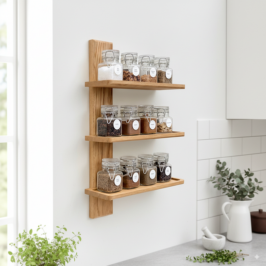 Oak Spice Rack, Wall Mounted with Three Shelves.