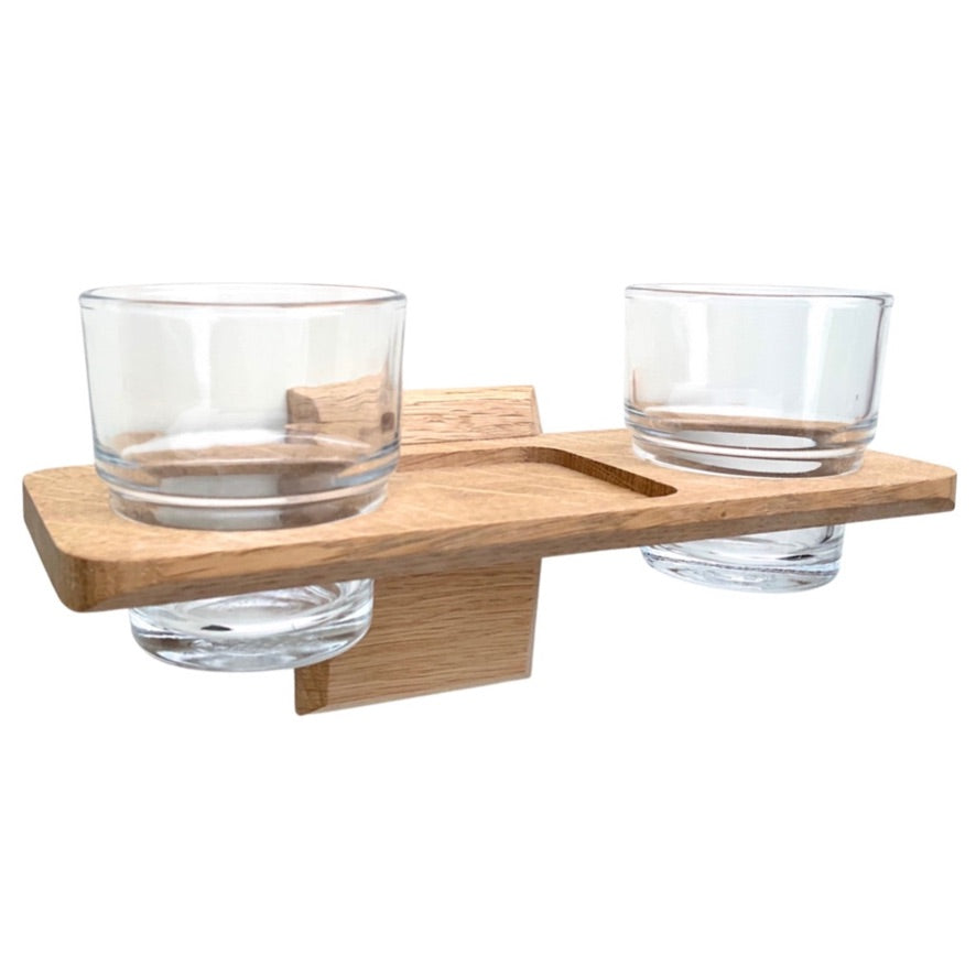 Handmade wall mounted toothbrush holder with glass tumblers and dental floss shelf