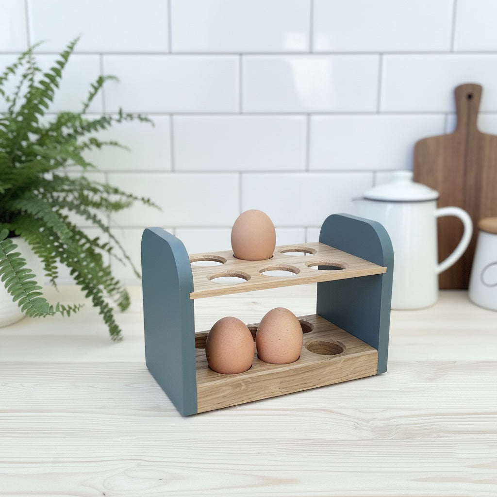 Egg Storage Rack for Countertop in Oak with Blue Sides. Holds 12 Fresh Eggs.