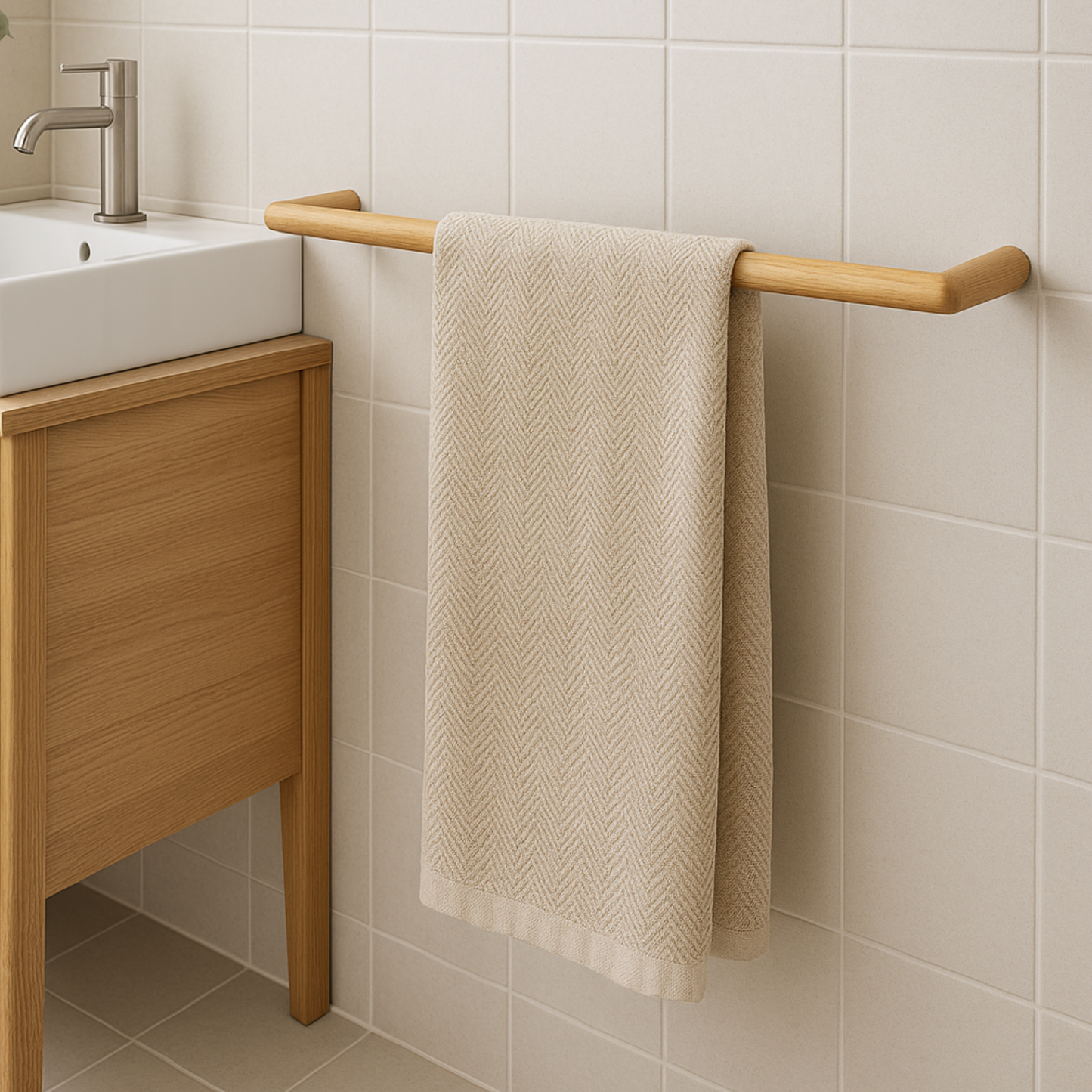 Oak wall mounted bathroom towel rail