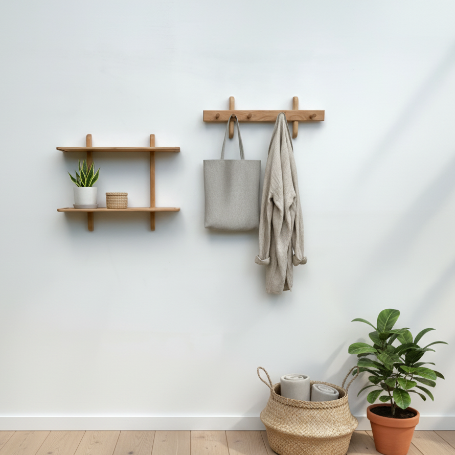 Double oak shelf with matching coat hook, peg rail