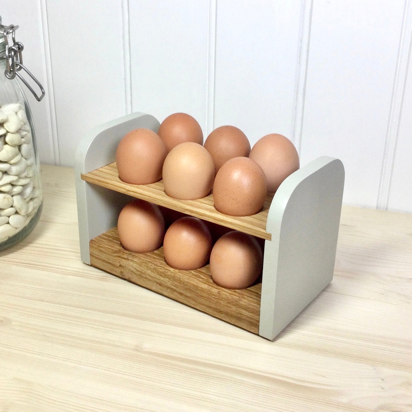 Oak egg rack with grey coloured ends