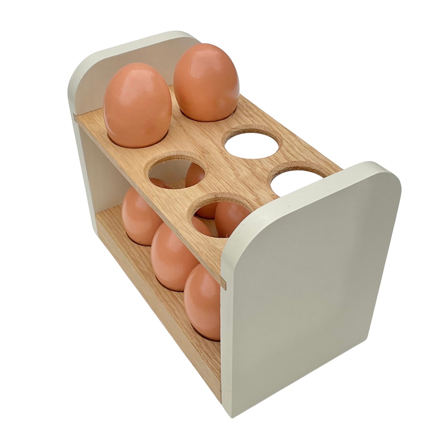 Counter top, fresh egg storage rack with cream coloured ends and oak trays