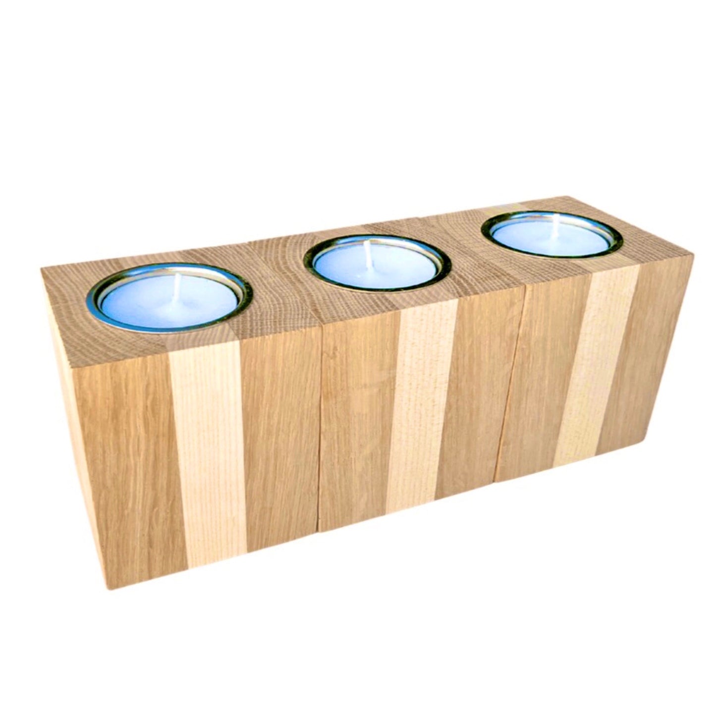 Set of three oak tea light holders
