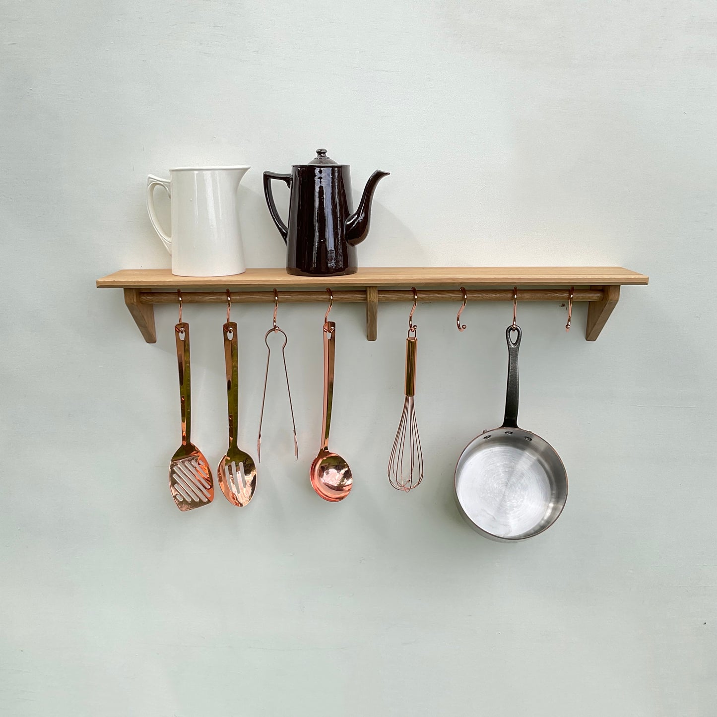 Large oak kitchen utensil rail with shelf, wall mounted