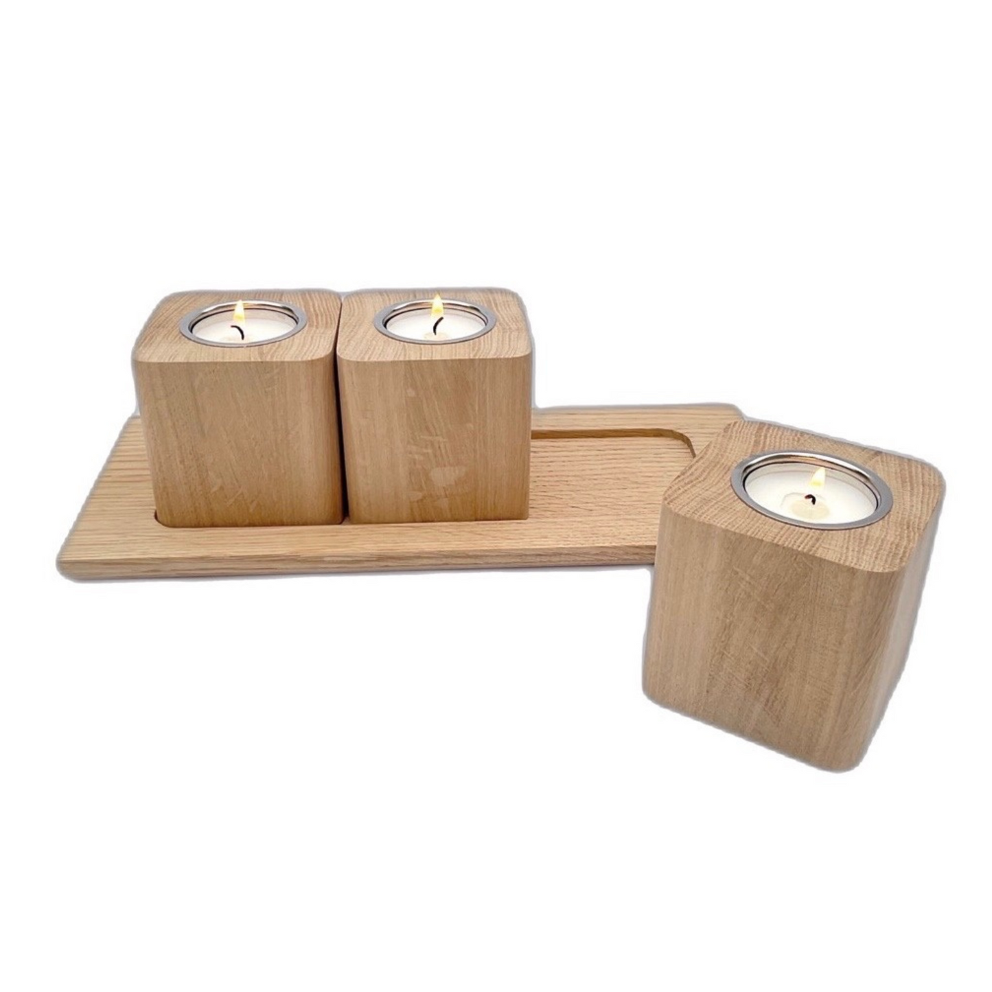 Set of Three Handmade Oak Tea light Holders with Oak Tray
