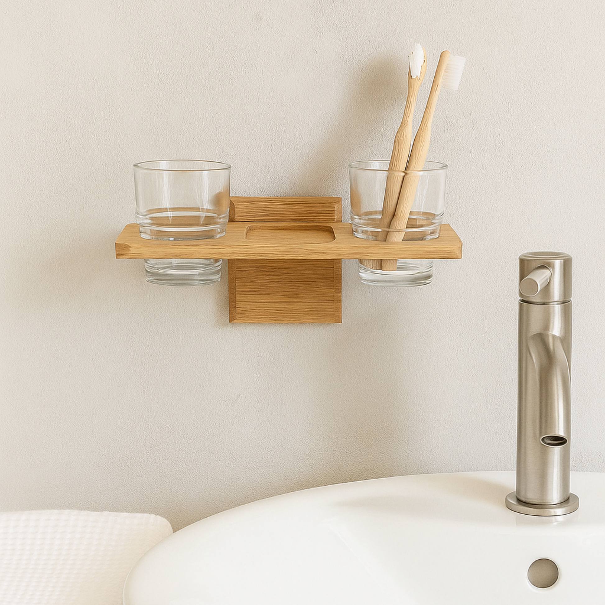 Wall mounted toothbrush holder and dental floss shelf