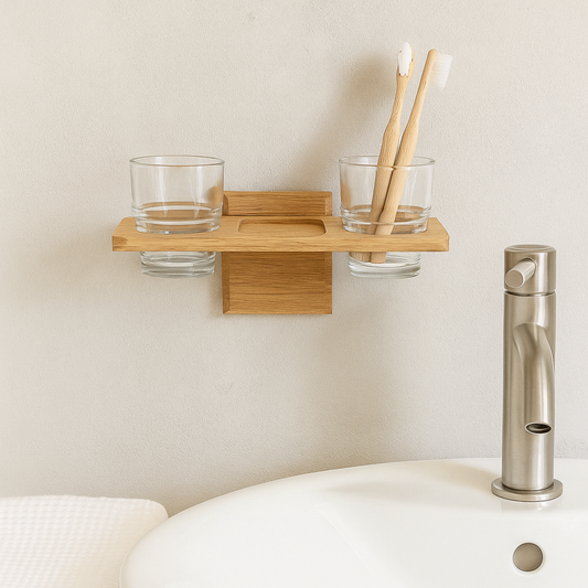 Wall mounted toothbrush holder and dental floss shelf