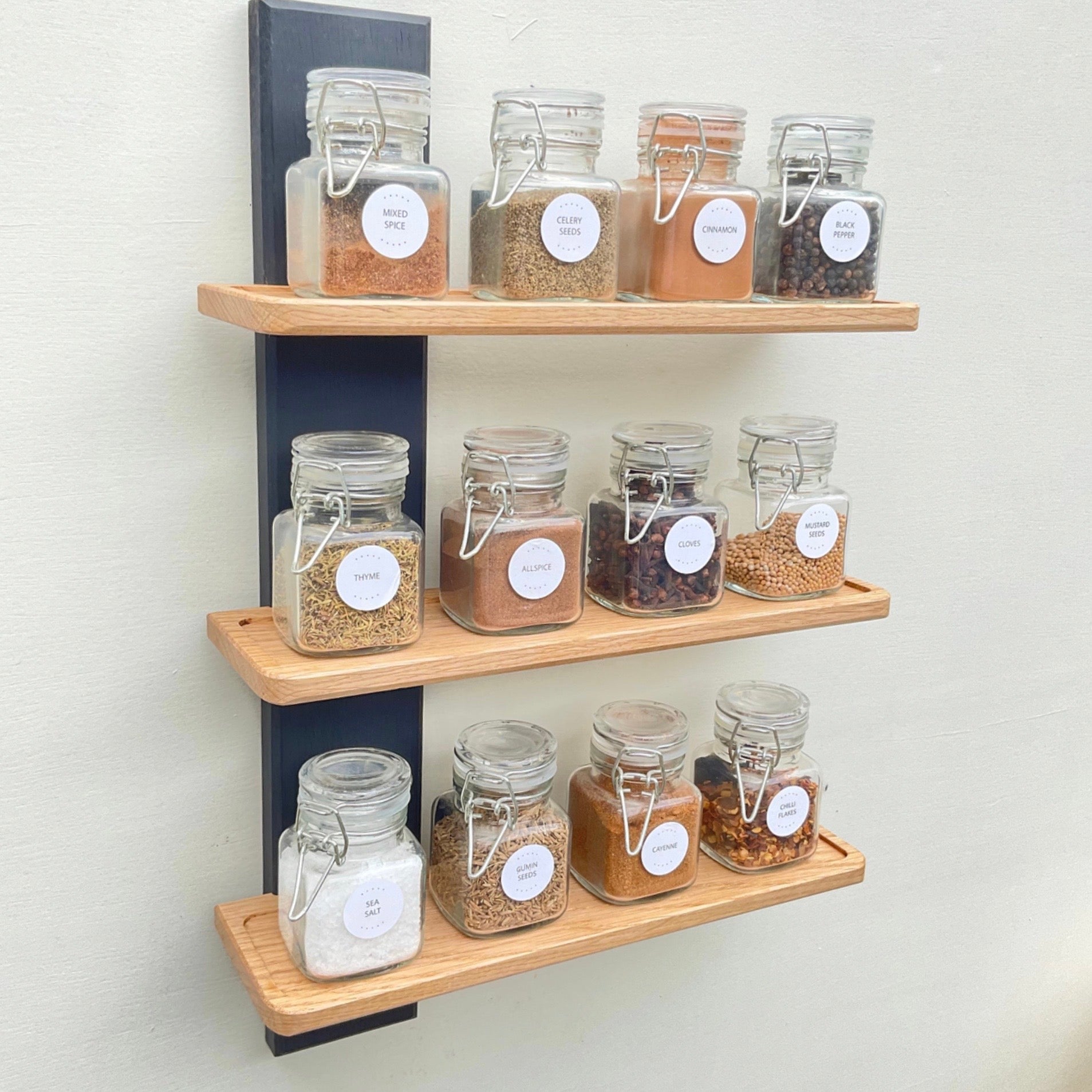 Handmade oak spice rack, wall mounted with spice jars