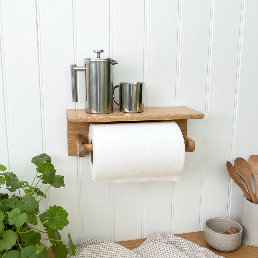 Oak wall mounted kitchen roll holder with oak shelf