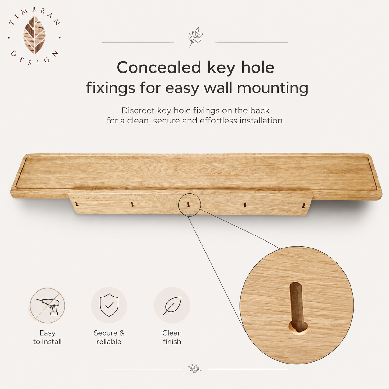 Large oak Scandinavian style wall shelf with key hole wall fixings