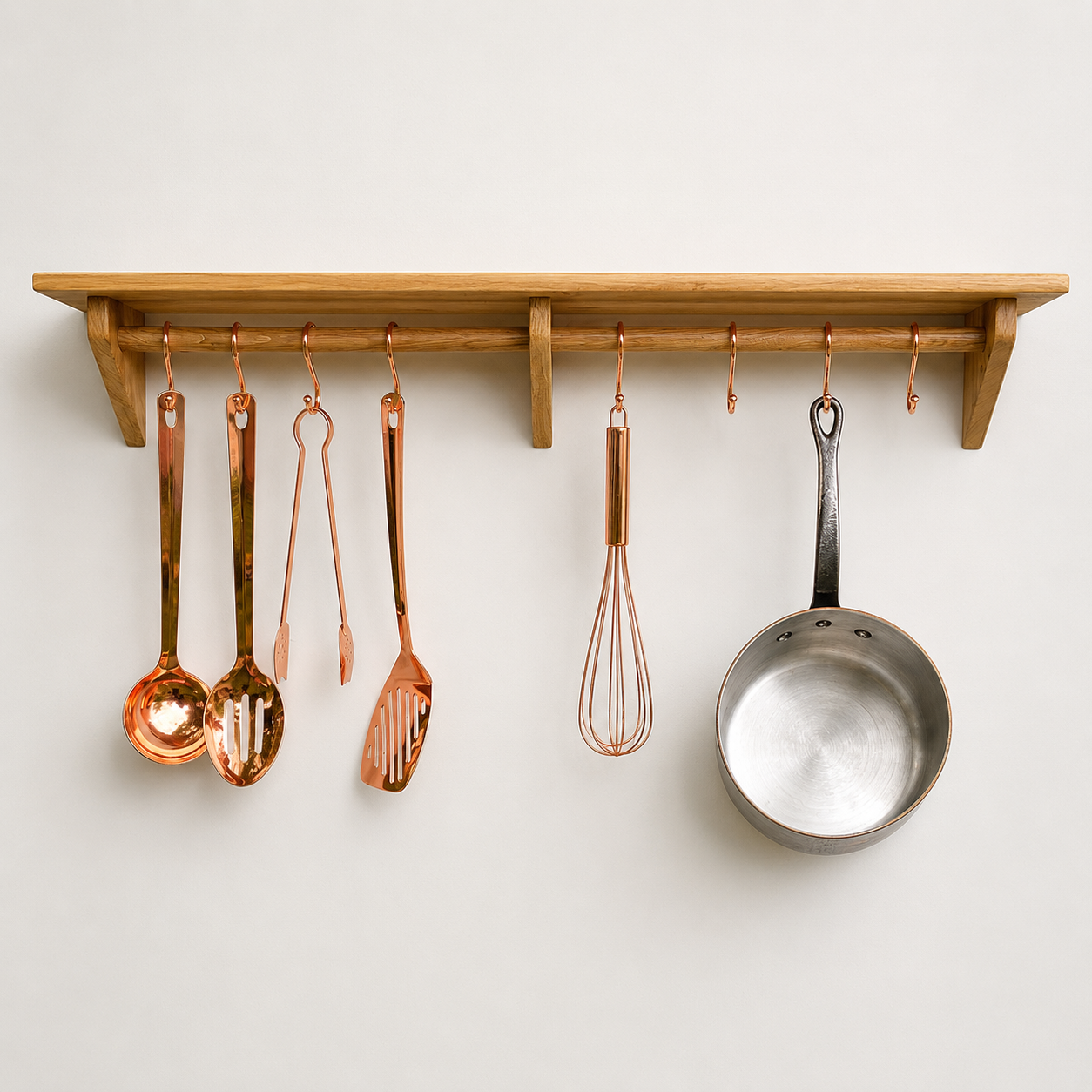 Oak Kitchen Utensil Rail with Shelf