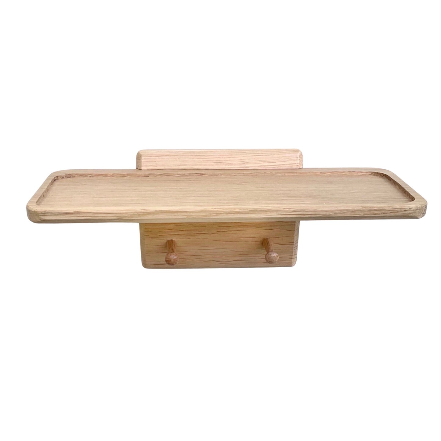 Oak bathroom shelf with towel pegs