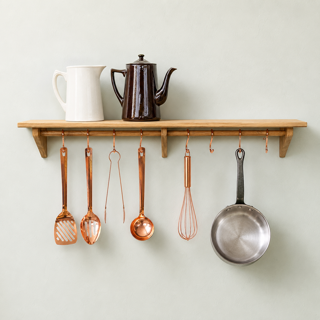 Large Oak kitchen utensil rail and shelf with copper  utensil hooks available in 85cm and 100cm wide 