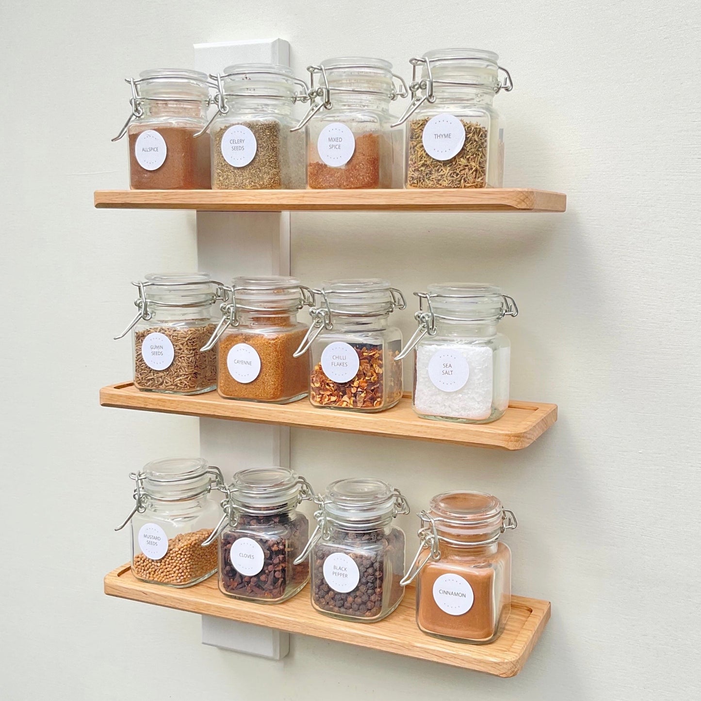 Oak spice rack with jars