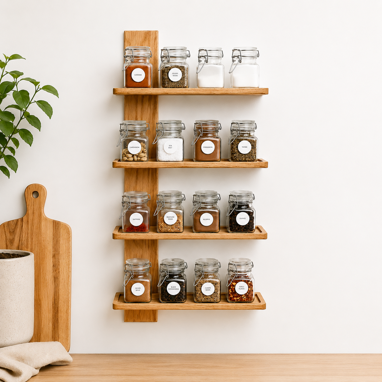 Solid Oak Spice Rack, Wall Mounted with Four Shelves.