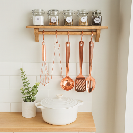 Kitchen Utensil Rail with Shelf, Wall Mounted in Oak