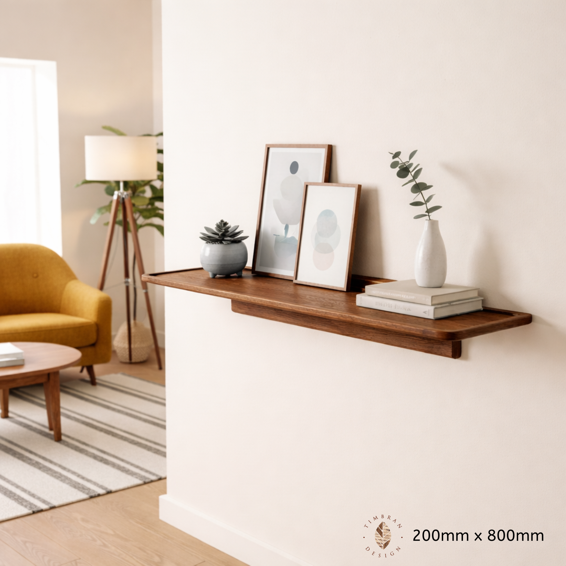 Oak Scandinavian Style Wall Shelf in a Warm Walnut Finish - 200mm depth x 800mm length