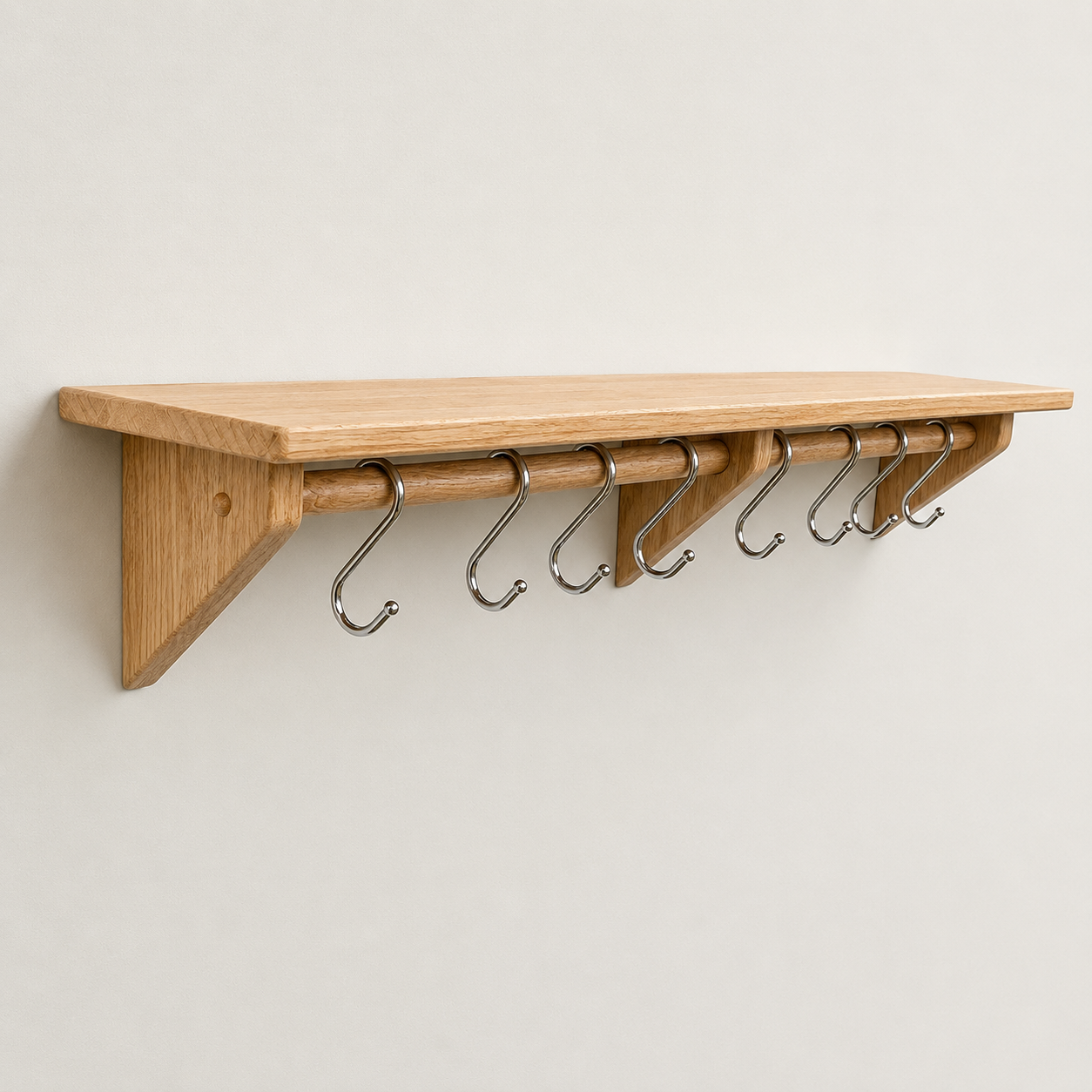 Oak kitchen utensil rail and shelf with chrome utensil hooks