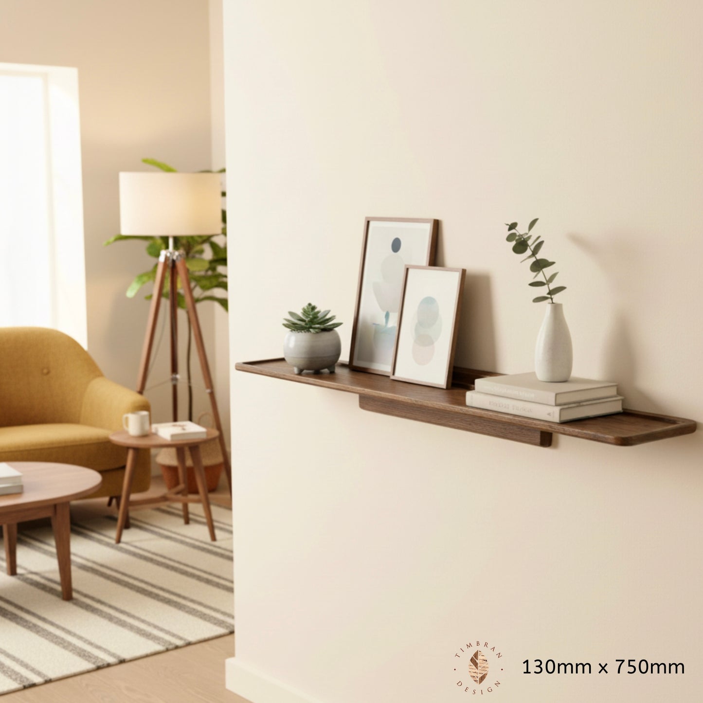 Oak Scandinavian Style Wall Shelf in a Warm Walnut Finish - 130mm depth x 200mm length