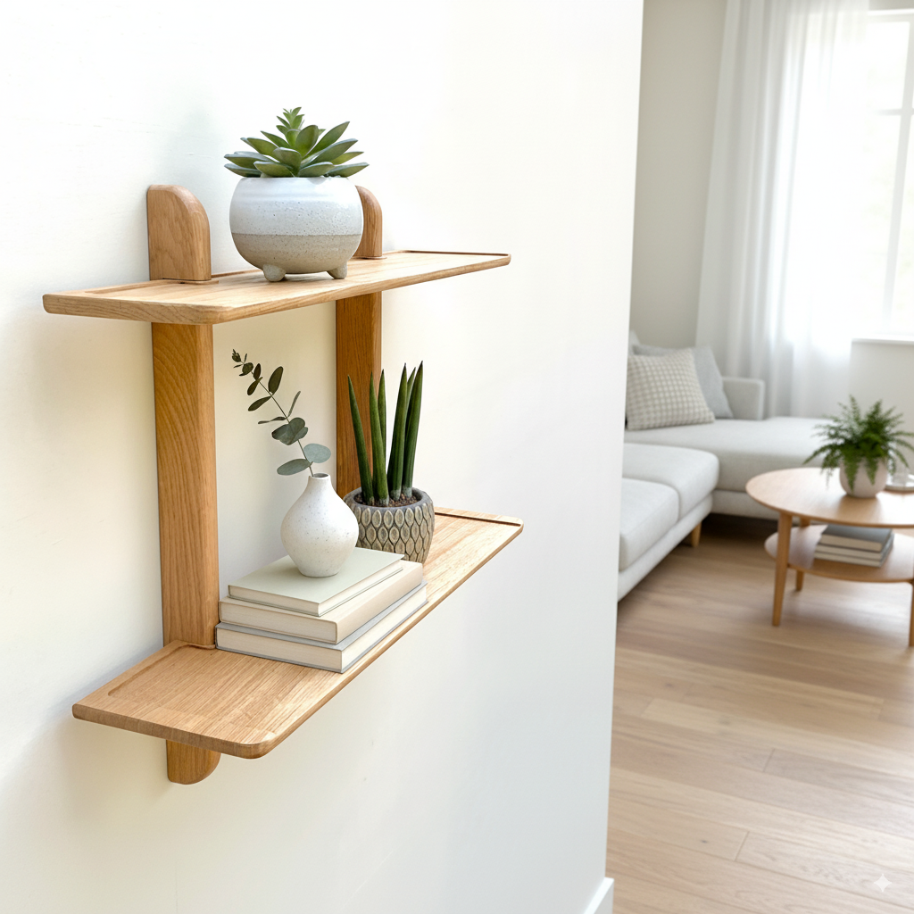 Scandinavian style oak double wall shelf 