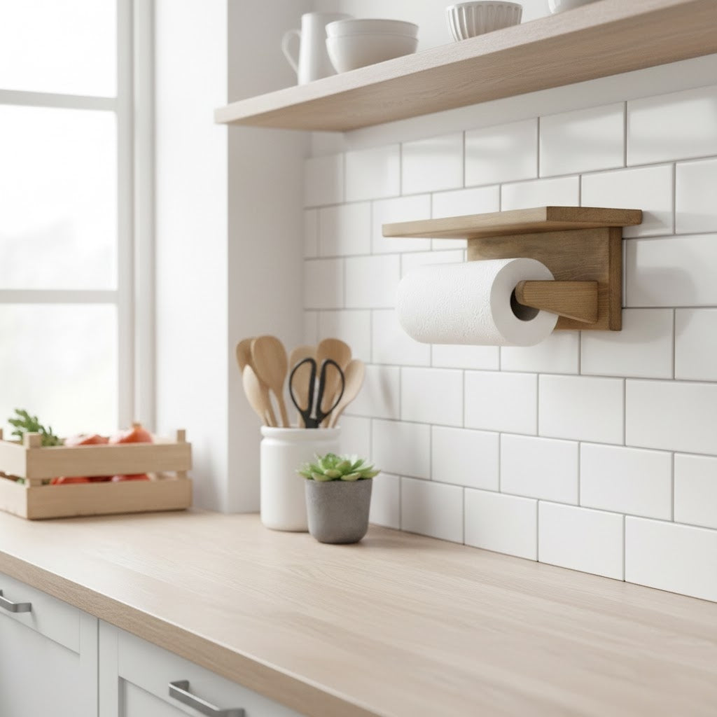 Pine wall mounted kitchen roll holder with shelf