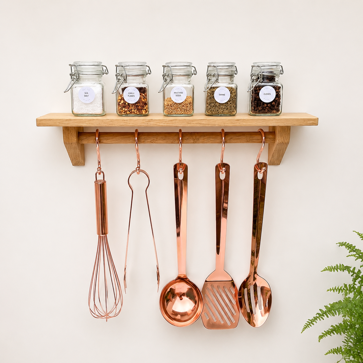 Wall mounted kitchen utensil hanging rail with oak shelf 44cm long 