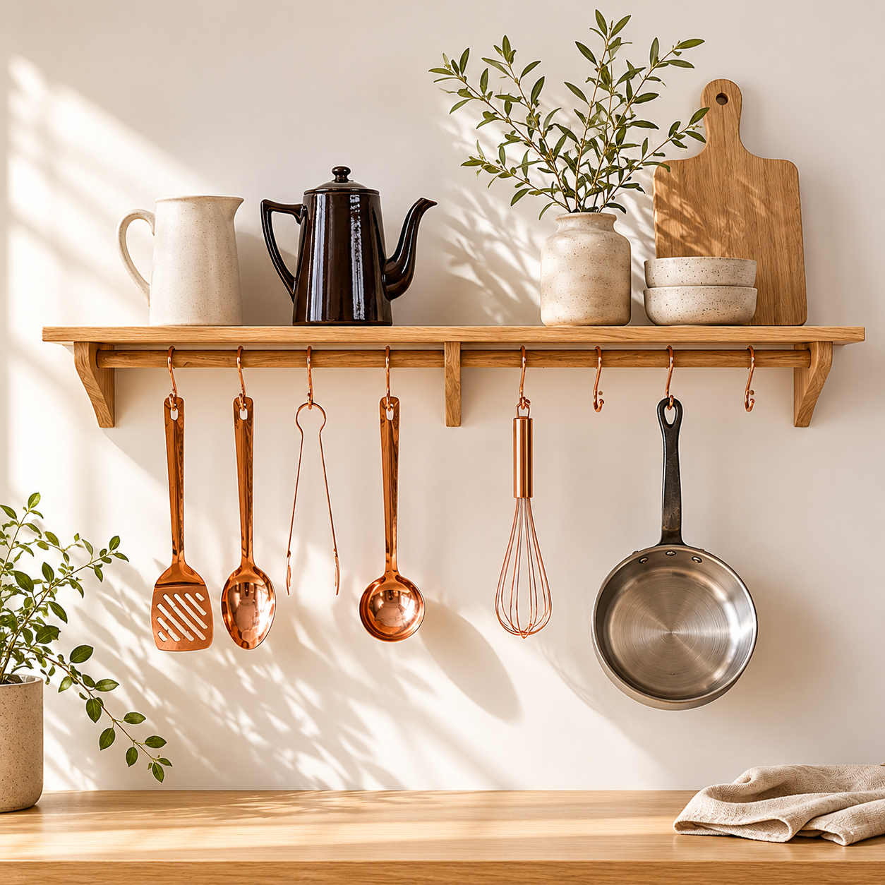Large Kitchen Utensil Rail with Shelf, Wall Mounted in Oak