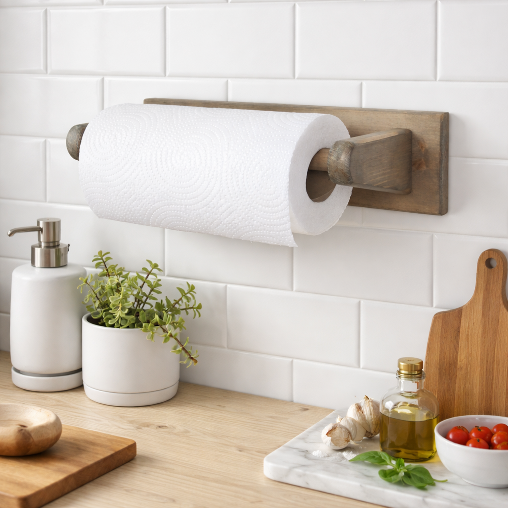 Wooden wall mounted kitchen roll holder in a driftwood finish