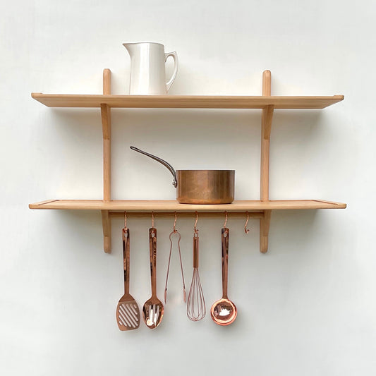 Handmade Solid Oak Double Kitchen Wall Shelf with Utensil Hanging Rail