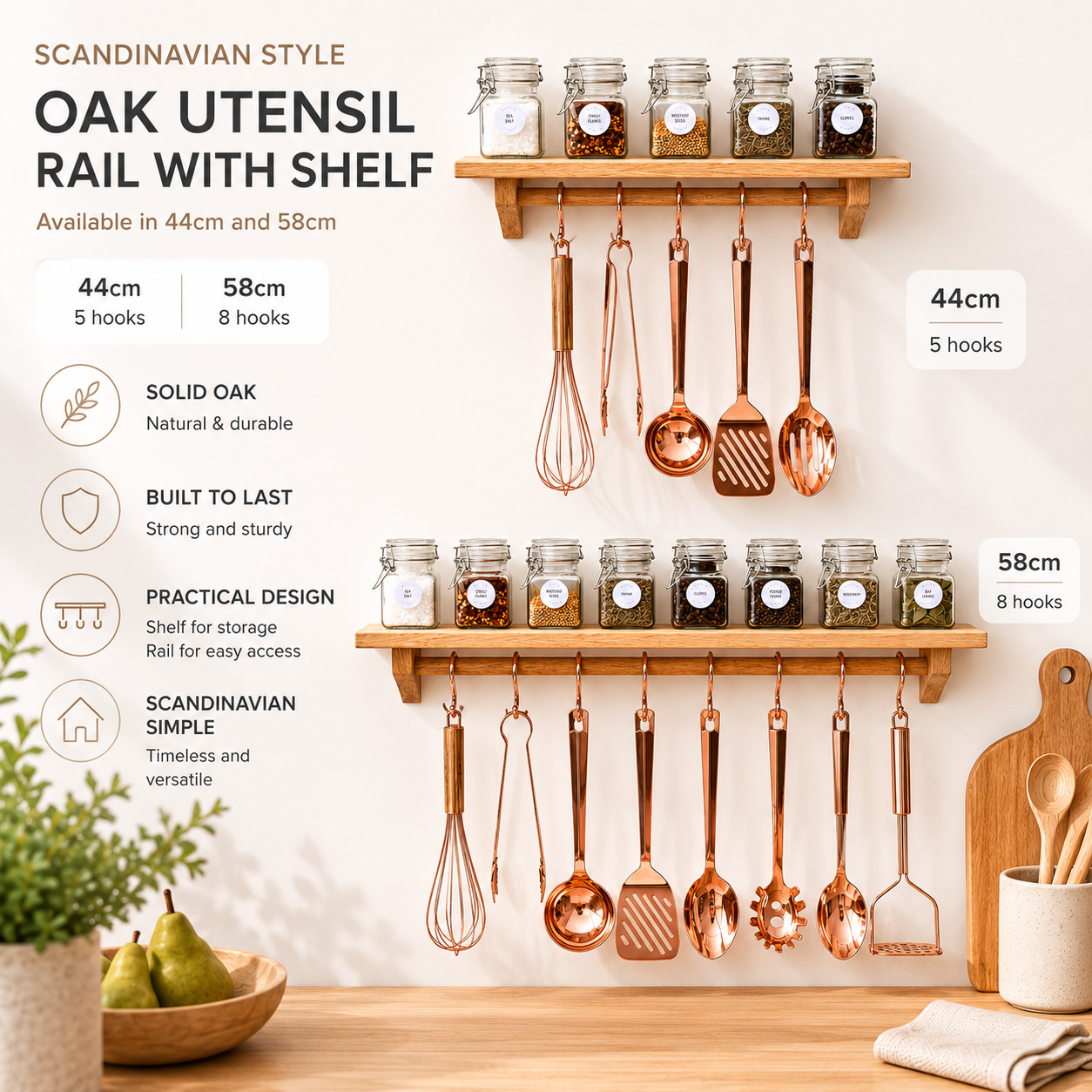 Scandinavian style wall mounted oak kitchen utensil hanging rail with oak shelf available in 44cm and 58cm widths.