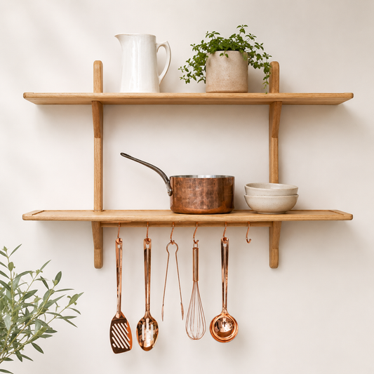 Handmade Solid Oak Double Kitchen Wall Shelf with Utensil Hanging Rail