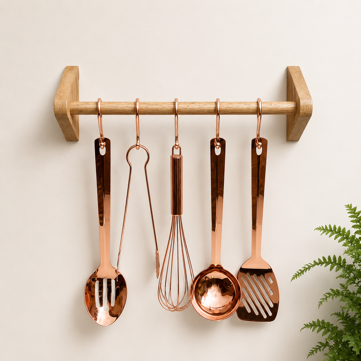 Oak Kitchen Utensil Rail, Wall Mounted with copper utensil hooks