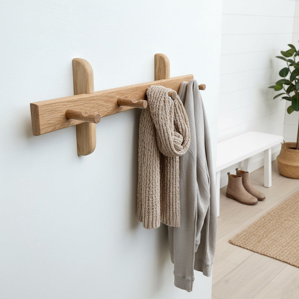 Oak peg rail, wall mounted for hanging coats in the hallway 