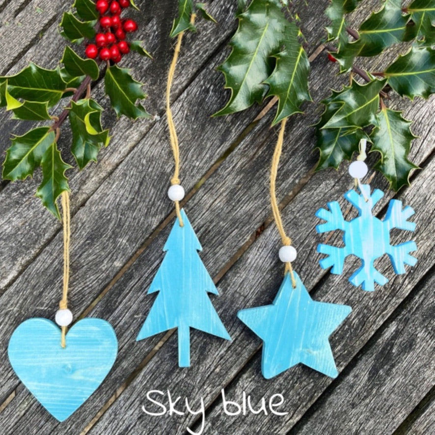 Handmade blue wooden Christmas tree decorations