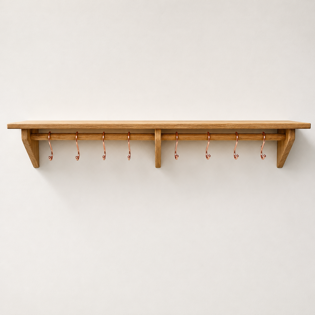 Large Kitchen Utensil Rail with Shelf, Wall Mounted in Oak
