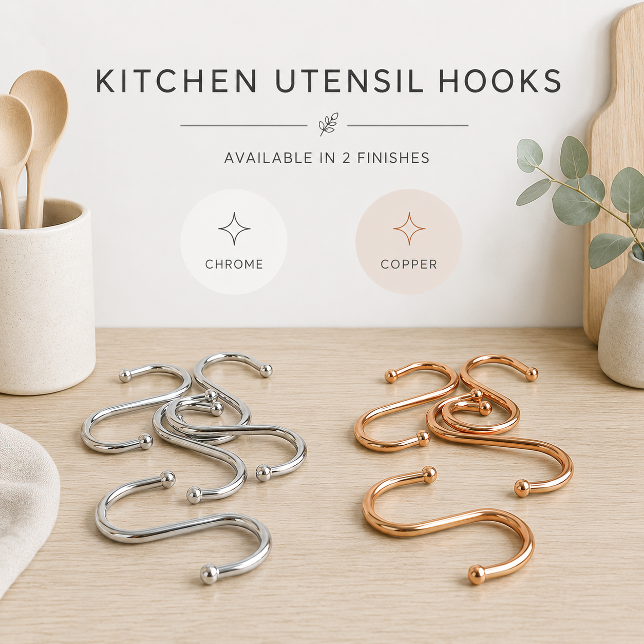 Kitchen utensil hanging hooks available in chrome or copper finish