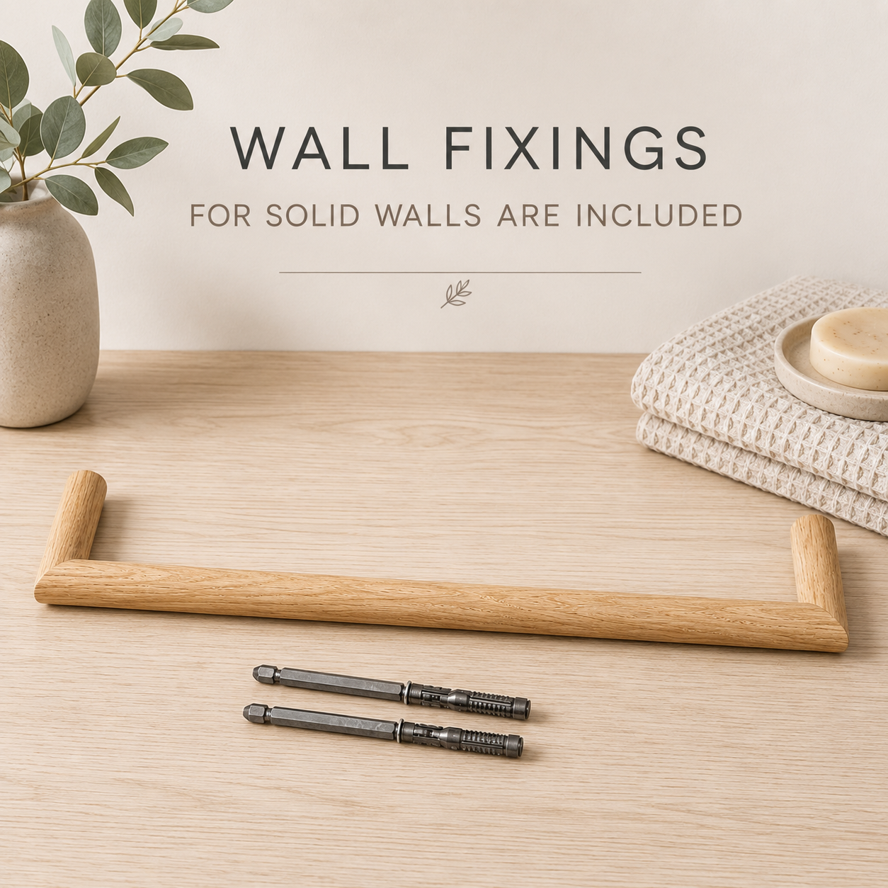 Oak bathroom towel rail with wall fixings
