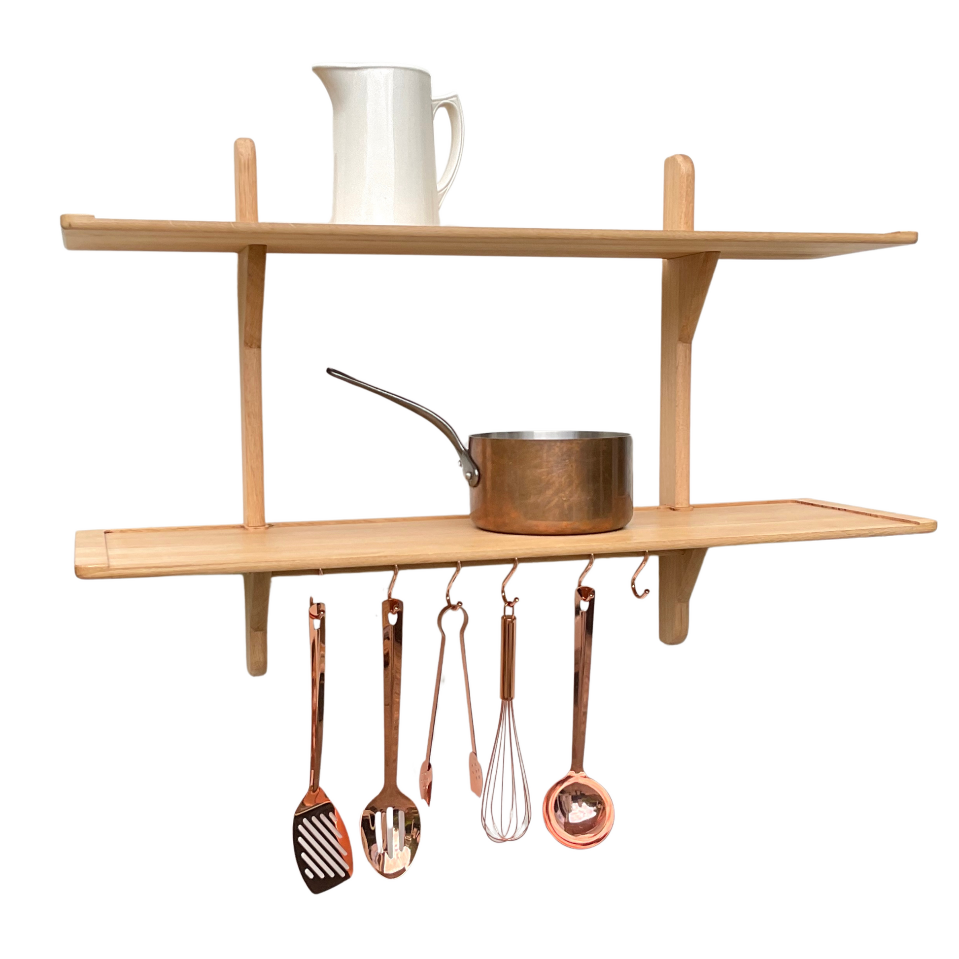 Large oak wall shelf unit with utensil rail 