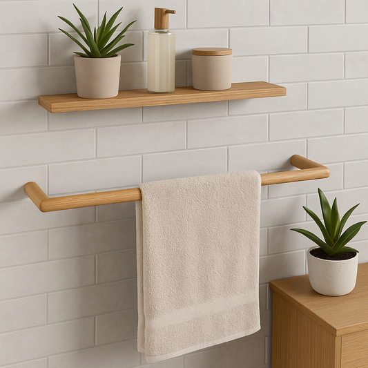 Oak wall mounted bathroom towel rail, Scandinavian style