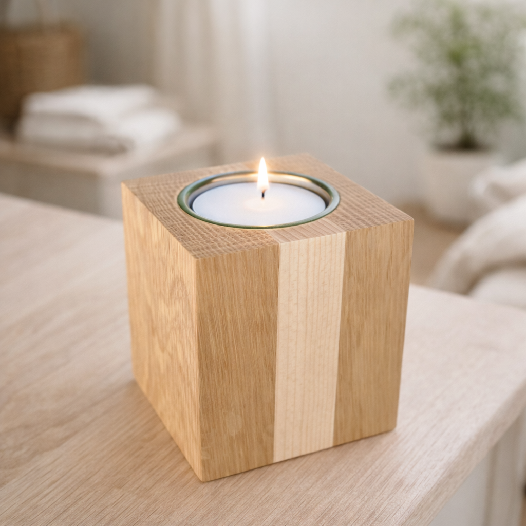 Oak and Maple wood tea light holder with nickel tea light insert