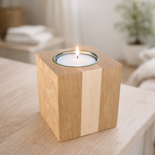 Oak and Maple wood tea light holder with nickel tea light insert