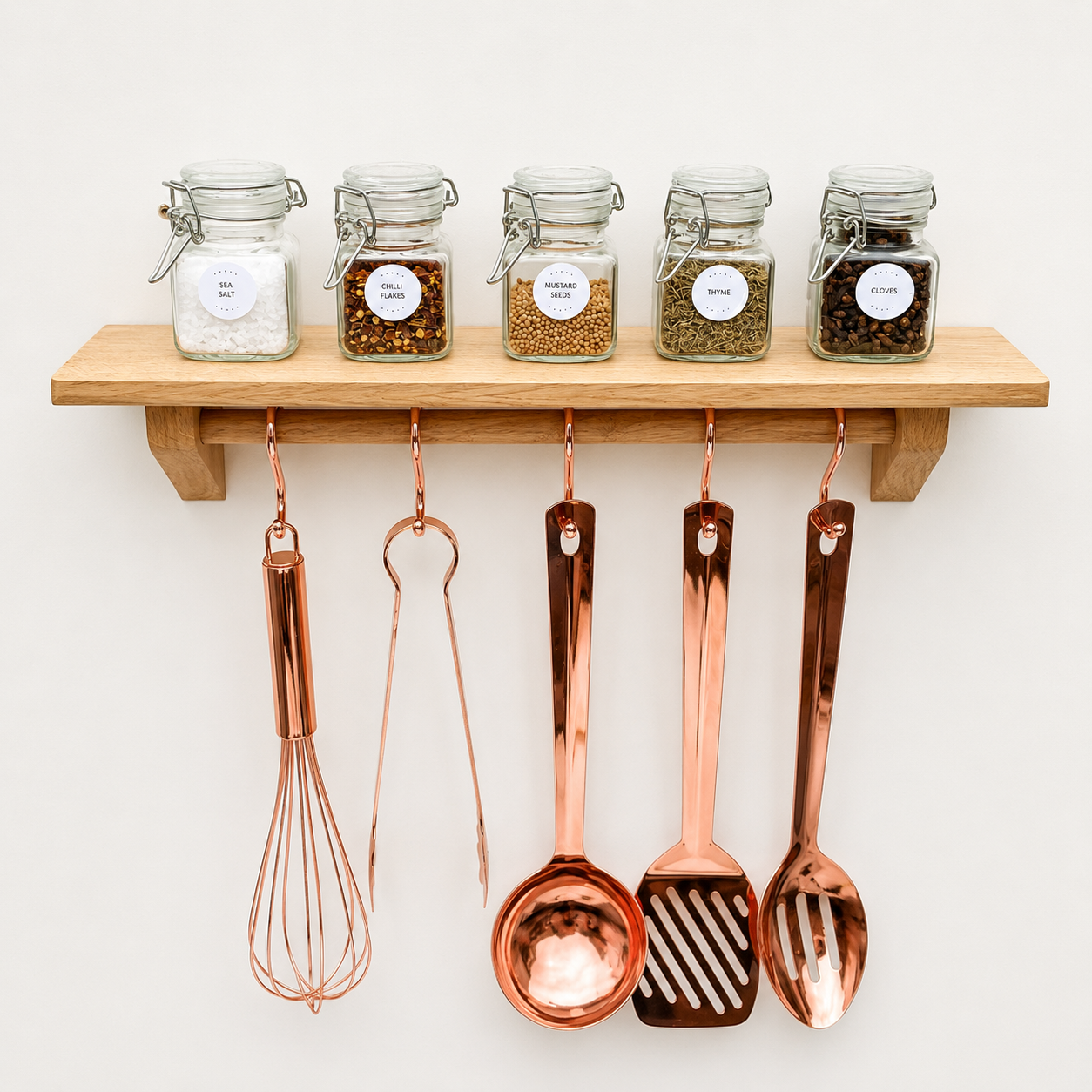 Kitchen Utensil Rail with Shelf, Wall Mounted in Oak