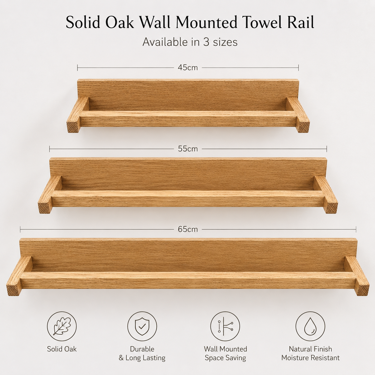 Handmade Bathroom Towel Holder in Oak, Wall Mounted, available in three sizes 45cm, 55cm and 65cm