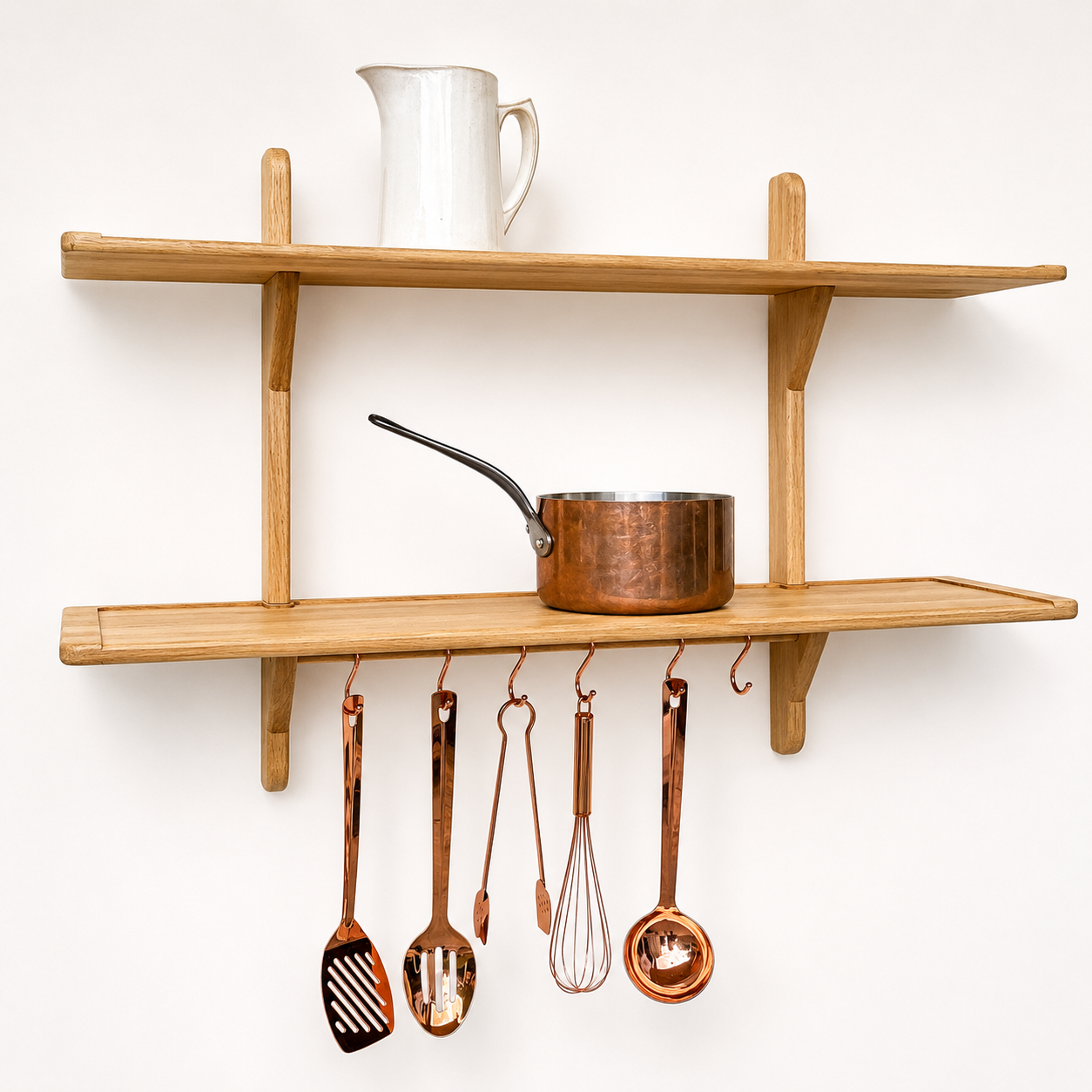 Large Solid Oak Double Kitchen Wall Shelf with Utensil Hanging Rail