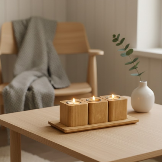 Set of three solid premium oak tea light holders with oak tray