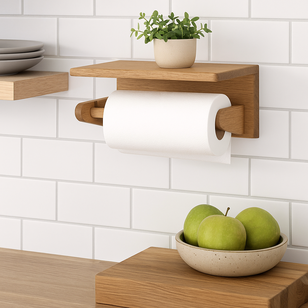 Oak kitchen roll holder with shelf, wall mounted 