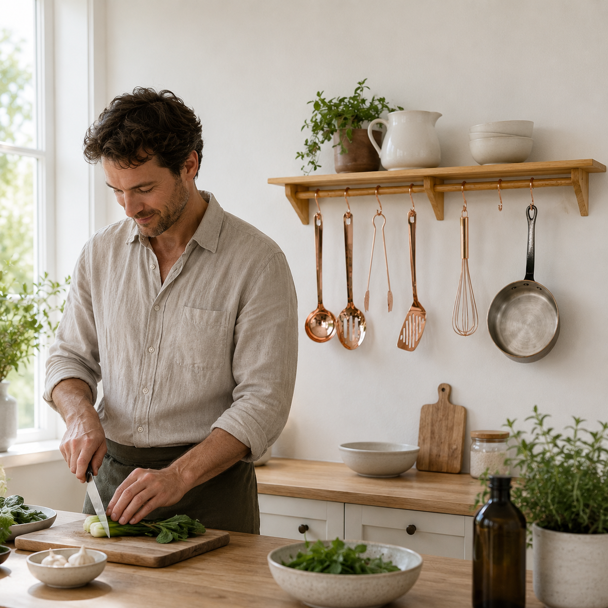 Handmade Large Kitchen Utensil Rail with Shelf, Wall Mounted in Oak